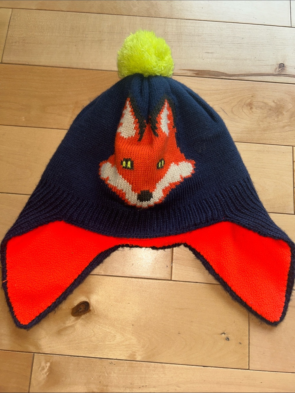 Mini Boden Navy Fox Earflap Hat with Neon Yellow Pom